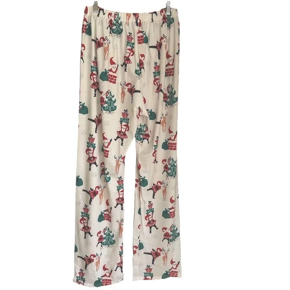Sheilay Women's Holiday Santa Reindeer Pajama Pants Ivory with Print Sz L